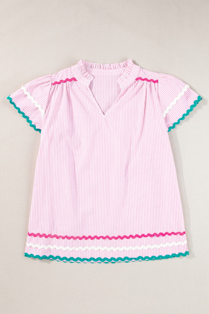 Striped Notched Short Sleeve Blouse Blush Pink