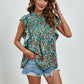 Ruffled Ditsy Floral Mock Neck Cap Sleeve Blouse