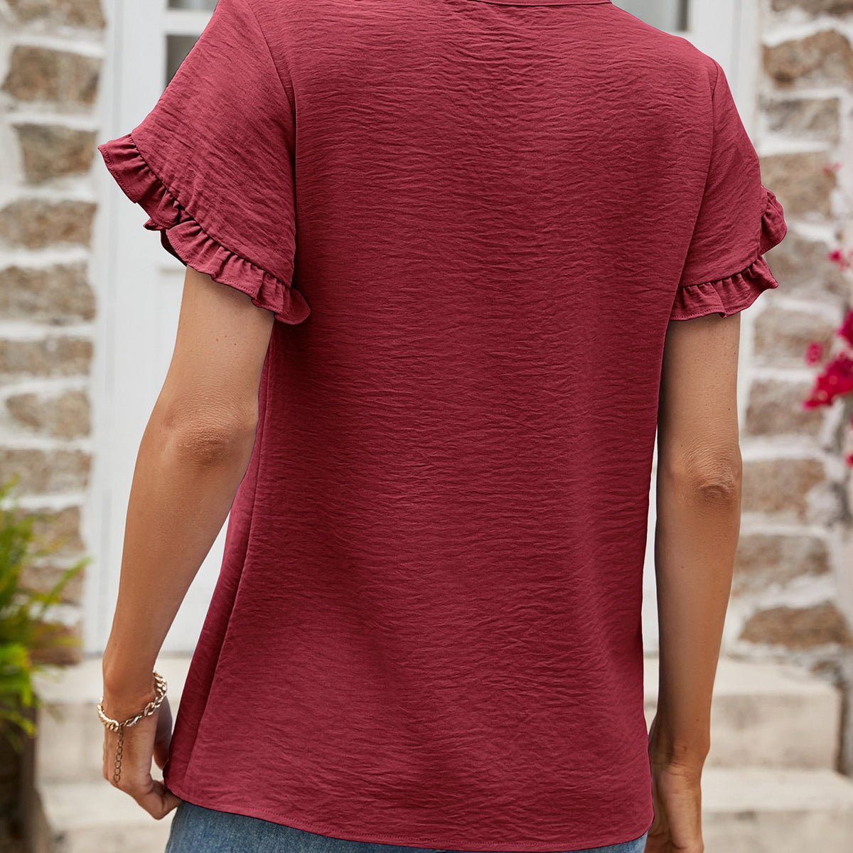 Textured Petal Sleeve Round Neck Tee