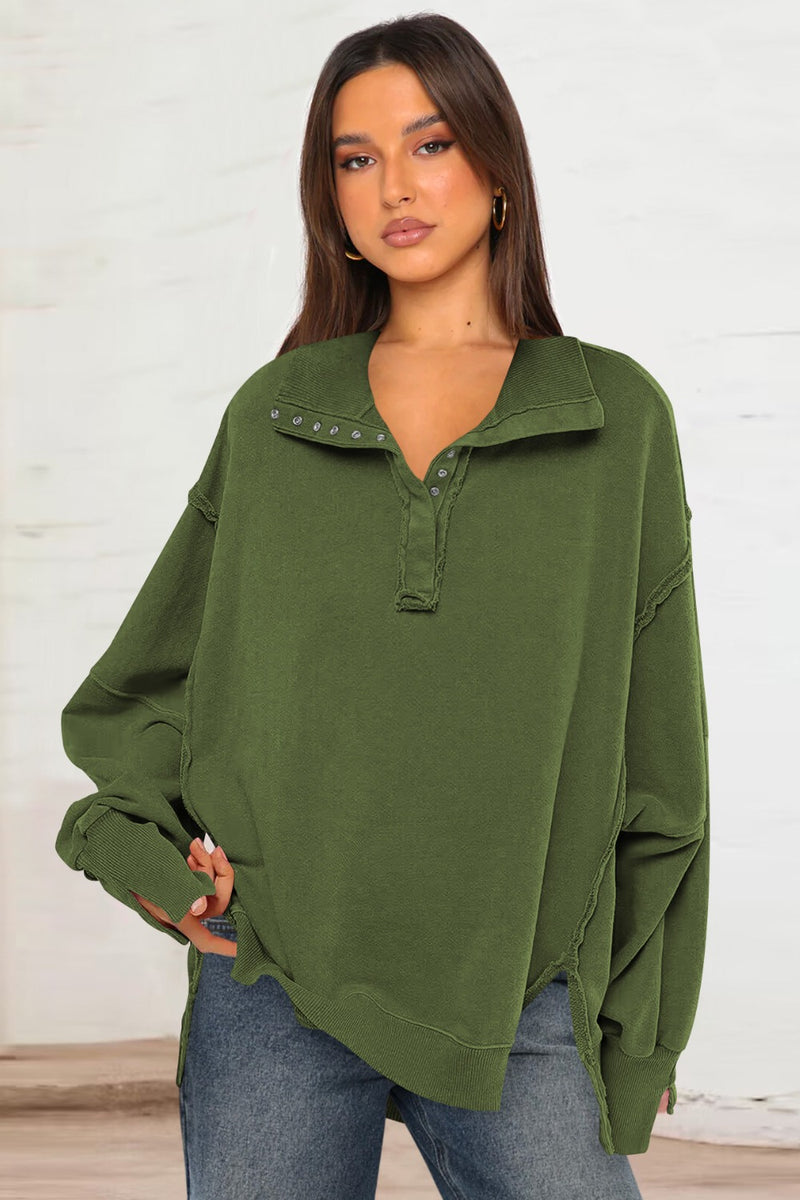 Exposed Seam Side Slit Long Sleeve Sweatshirt Army Green