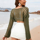 Openwork Boat Neck Long Sleeve Cover-Up