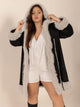 Plus Size Fuzzy Trim Open Front Long Sleeve Hooded Coat Black