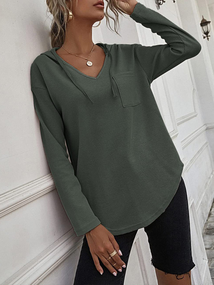 Drawstring Waffle Knit Long Sleeve Hooded Top Army Green