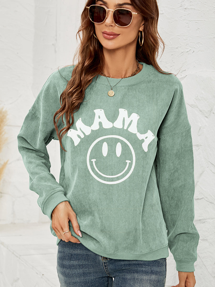 Round Neck Long Sleeve MAMA Graphic Sweatshirt Gum Leaf