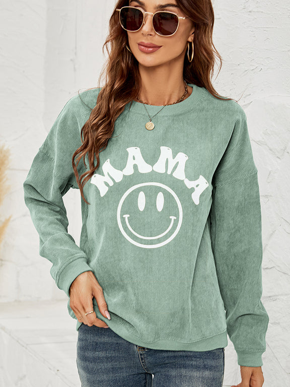 Round Neck Long Sleeve MAMA Graphic Sweatshirt Gum Leaf