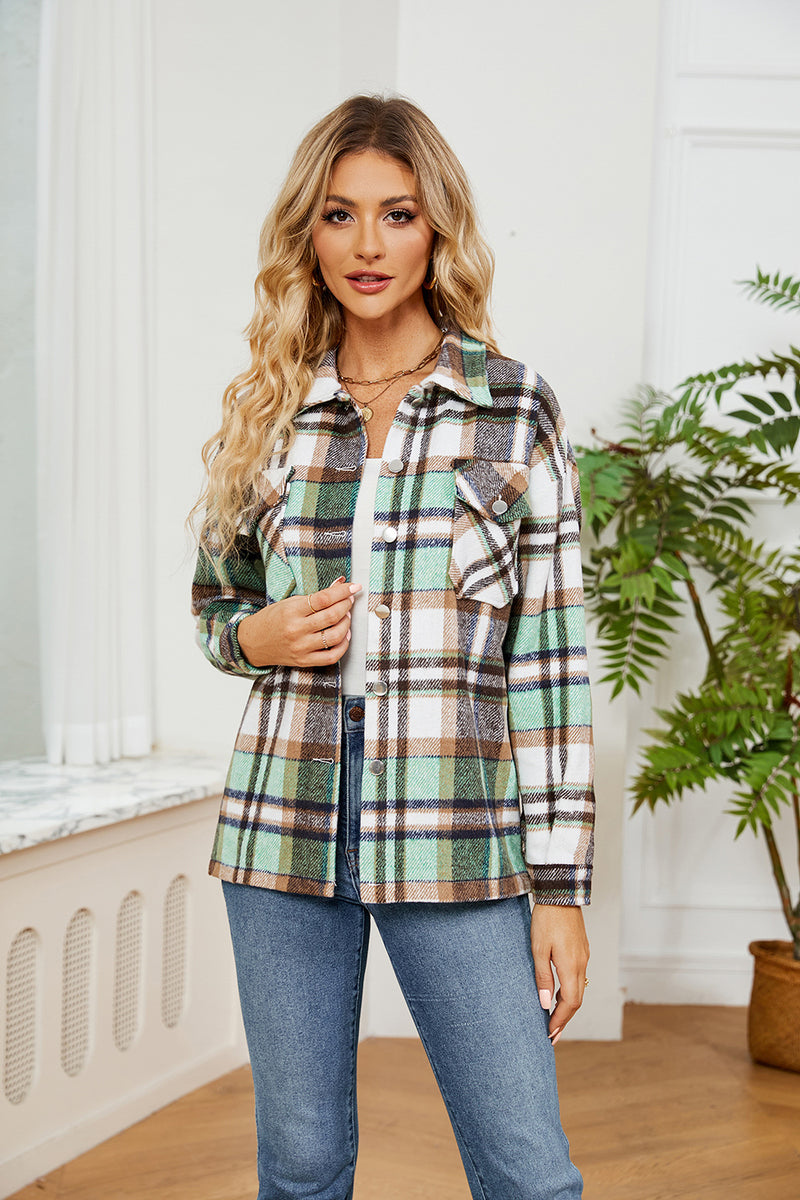 Button Down Collared Plaid Shacket Mid Green