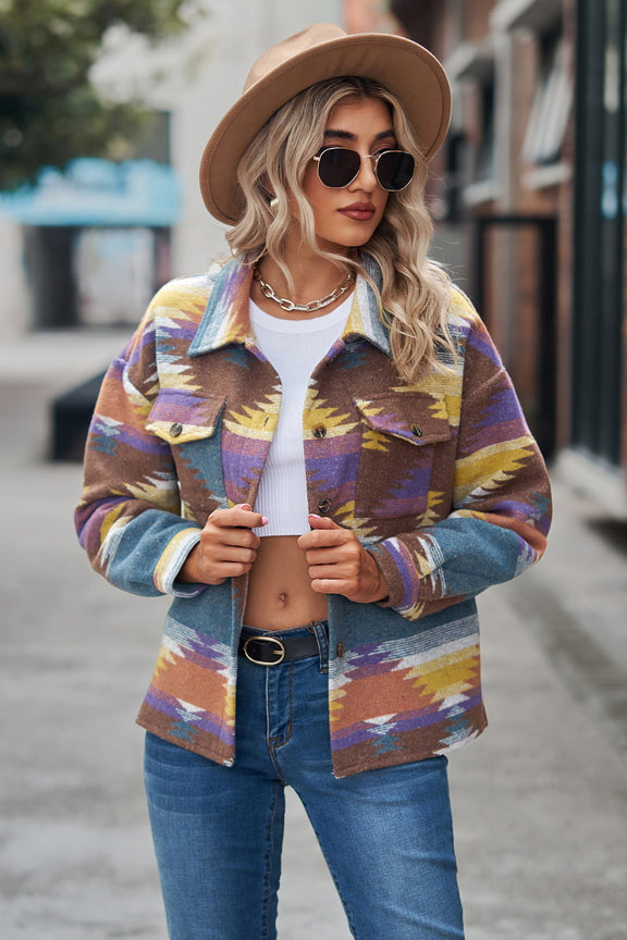 Printed Collared Neck Jacket Lavender