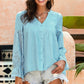 Shiny Crochet Flounce Sleeve Button Up Blouse