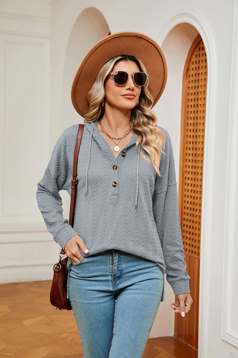Half-Button Dropped Shoulder Hoodie Cloudy Blue
