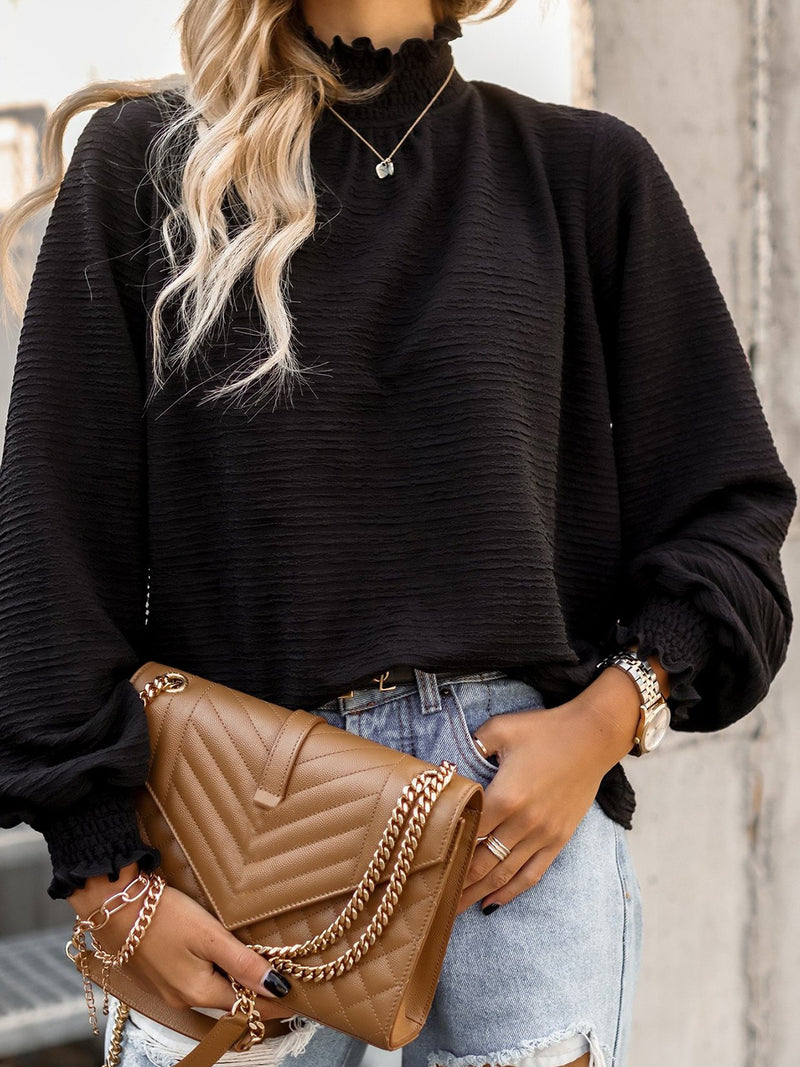 Smocked Frill Mock Neck Long Sleeve Blouse Black