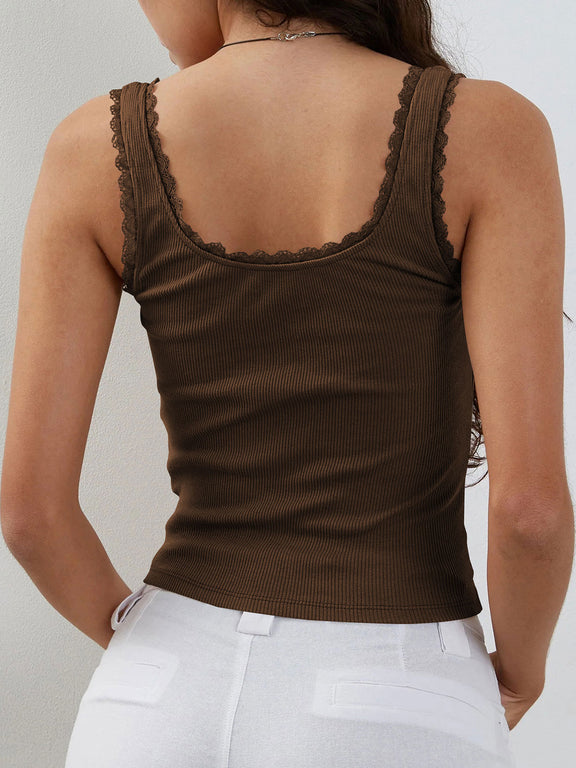 Lace Detail Square Neck Tank Chocolate