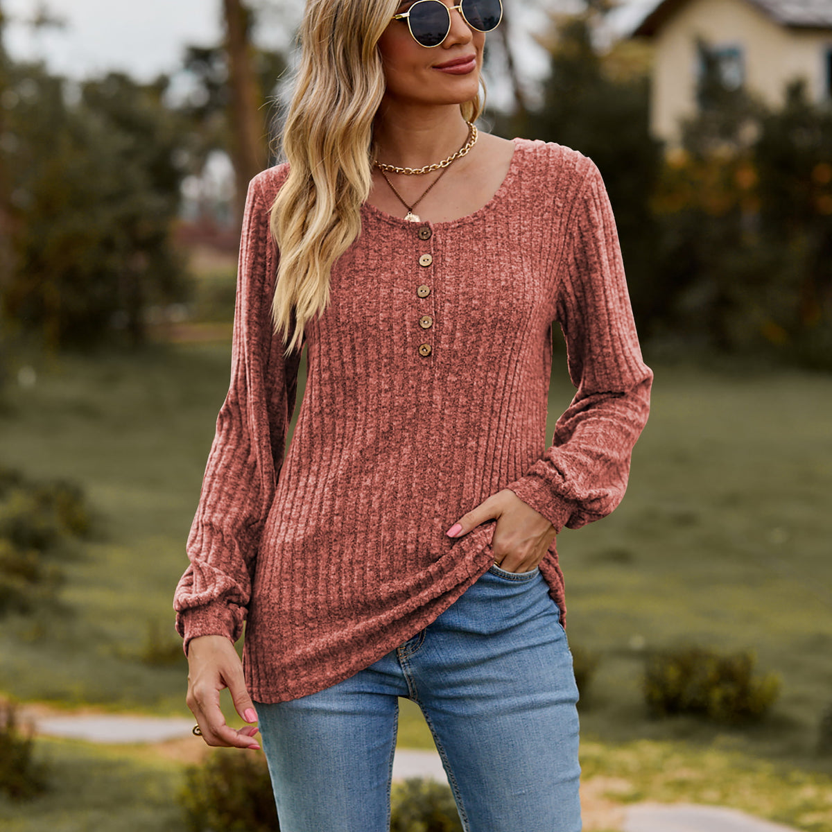 Round Neck Button-Down Long Sleeve Tee