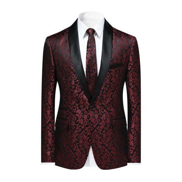 Mens Floral Embroidered 1 Button Tuxedo Jacket Red