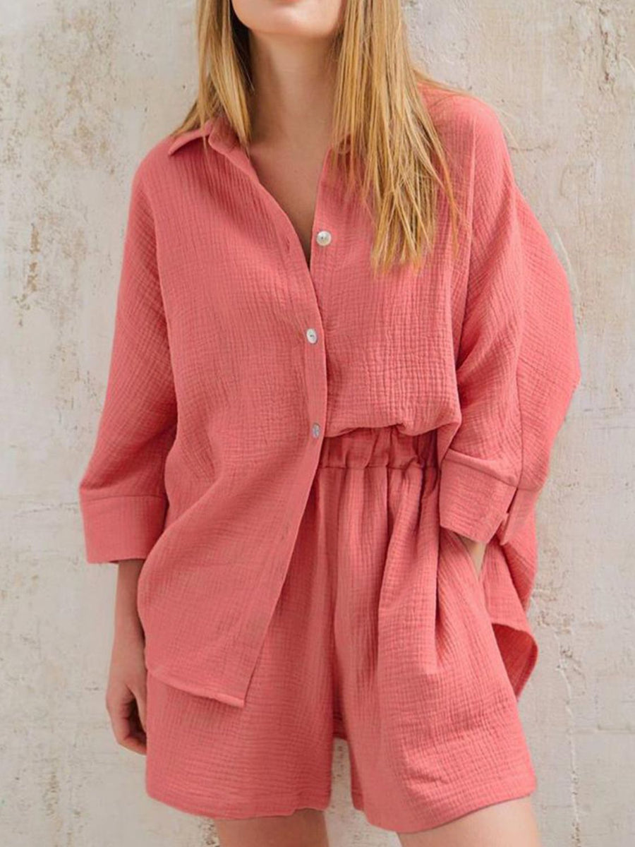 Texture Button Up Shirt and Shorts Set Coral