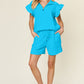 Double Take Full Size Texture Flounce Sleeve Top and Drawstring Shorts Set