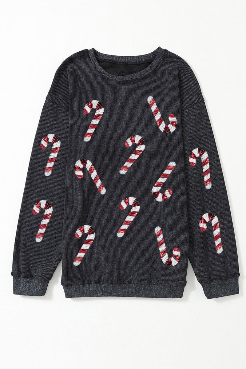 Sequin Candy Cane Round Neck Sweatshirt Black