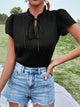 Frill Swiss Dot Tie Neck Short Sleeve Blouse Black