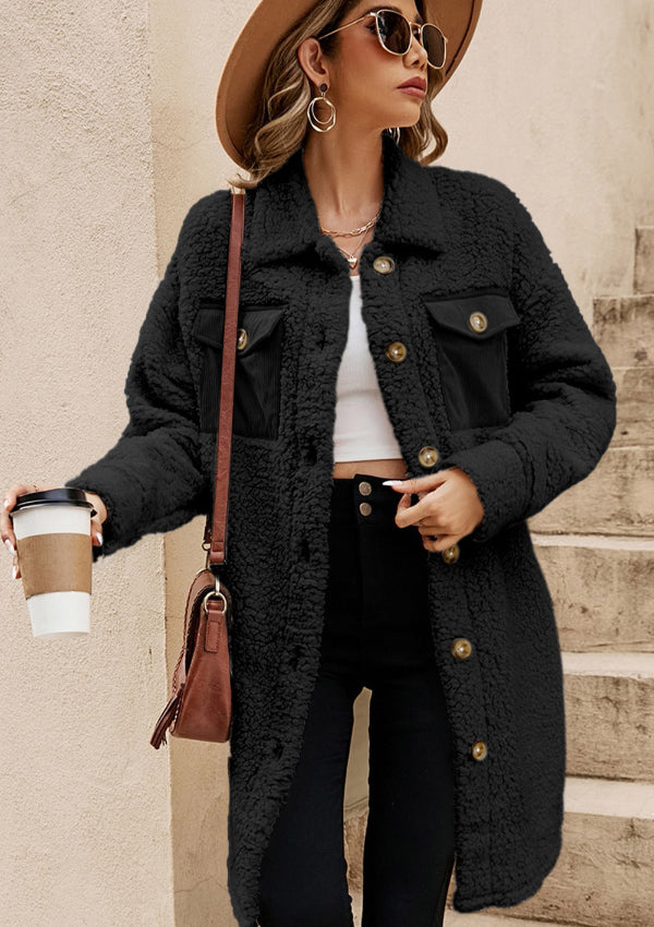 Collared Neck Long Sleeve Longline Teddy Jacket Black