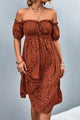 Ditsy Floral Smocked Frill Trim Off-Shoulder Dress Brown