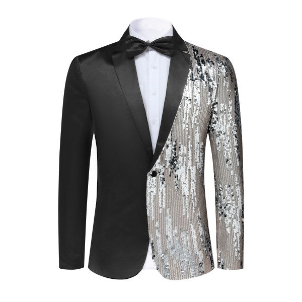 Mens Sliver Sequin Patchwork Tuxedo Jacket Silver L