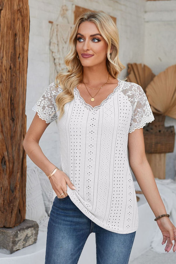 Eyelet V-Neck Lace Short Sleeve T-Shirt White