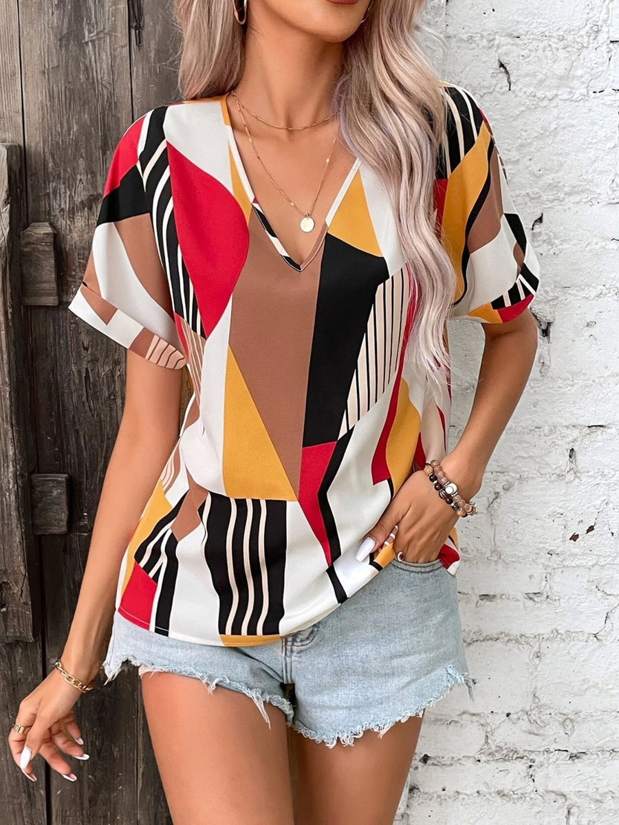 Printed V-Neck Short Sleeve Blouse Deep Red