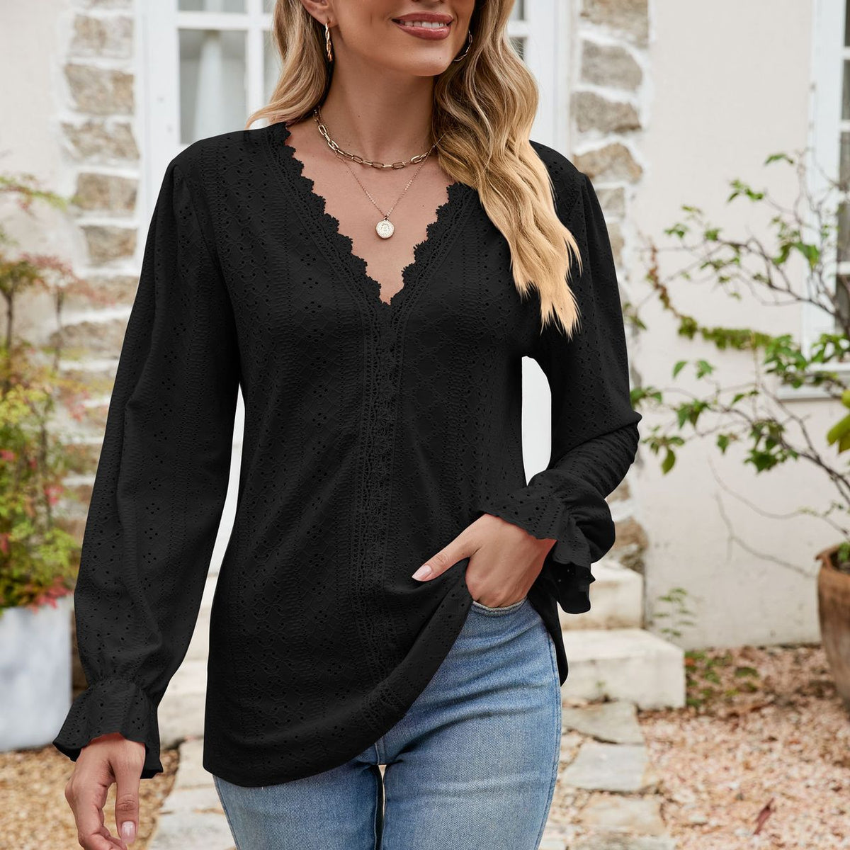 Eyelet Lace Trim Flounce Sleeve Blouse