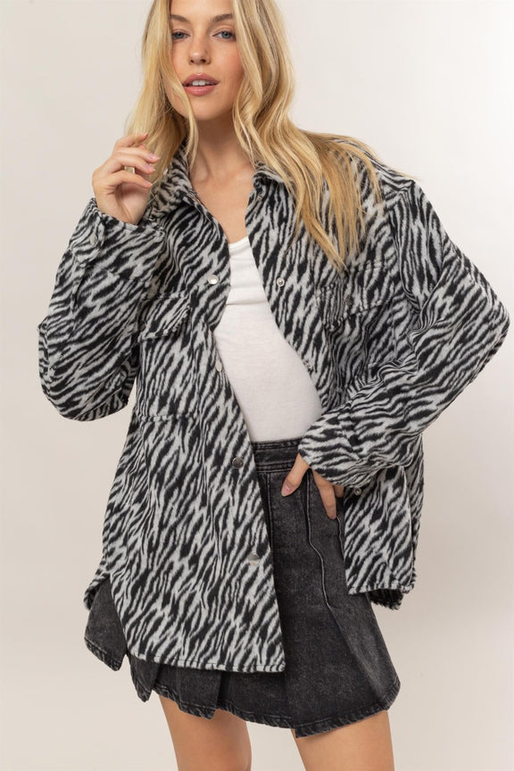 HYFVE Zebra Print Snap Down Long Sleeve Shacket Black