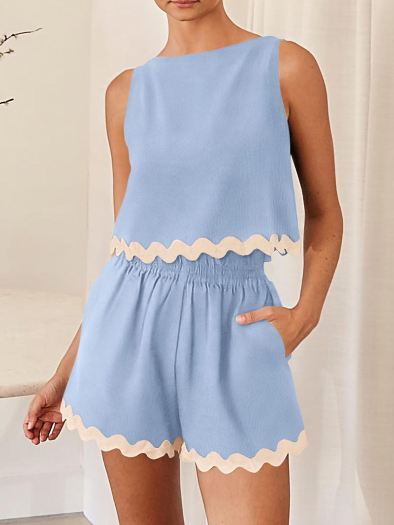 Contrast Trim Round Neck Top and Shorts Set