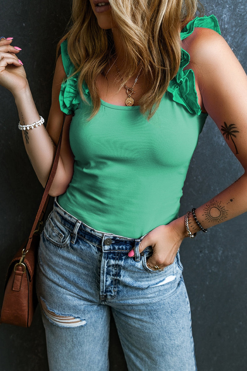Ruffled Round Neck Tank Light Green