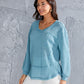 Waffle-Knit V-Neck Blouse with Breast Pocket