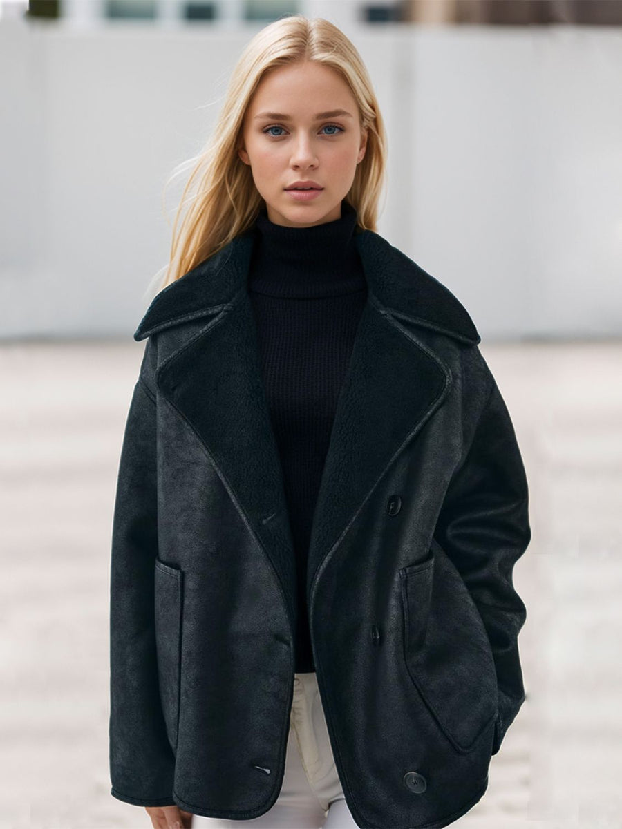 Collared Neck Long Sleeve Plush Jacket Black