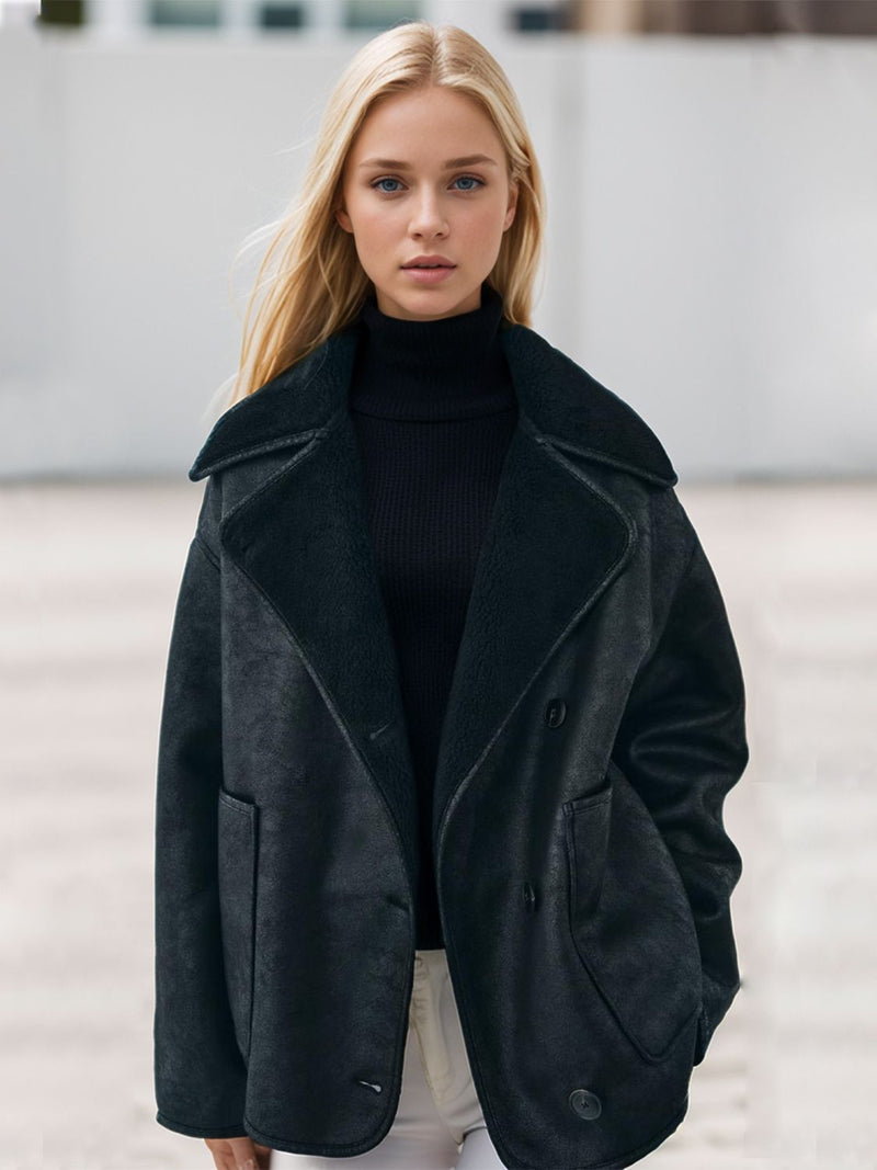 Collared Neck Long Sleeve Plush Jacket Black