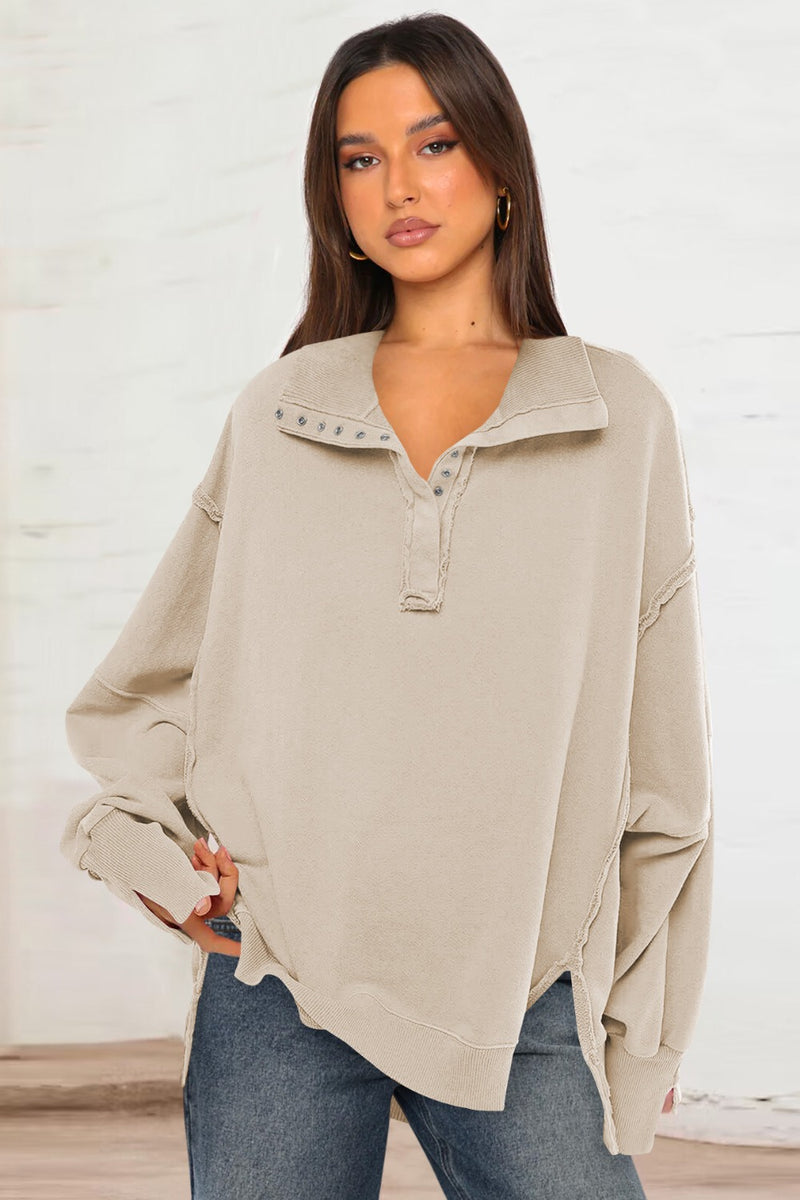 Exposed Seam Side Slit Long Sleeve Sweatshirt Cream
