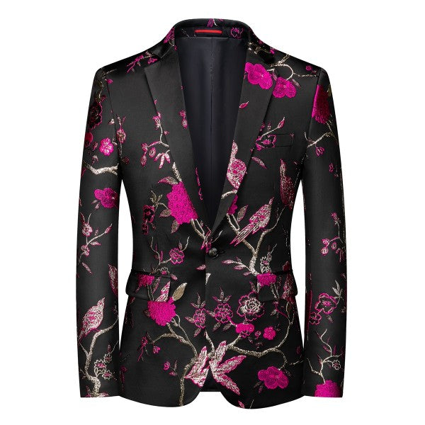 Mens One Button Notched Lapel Embroidered Blazer