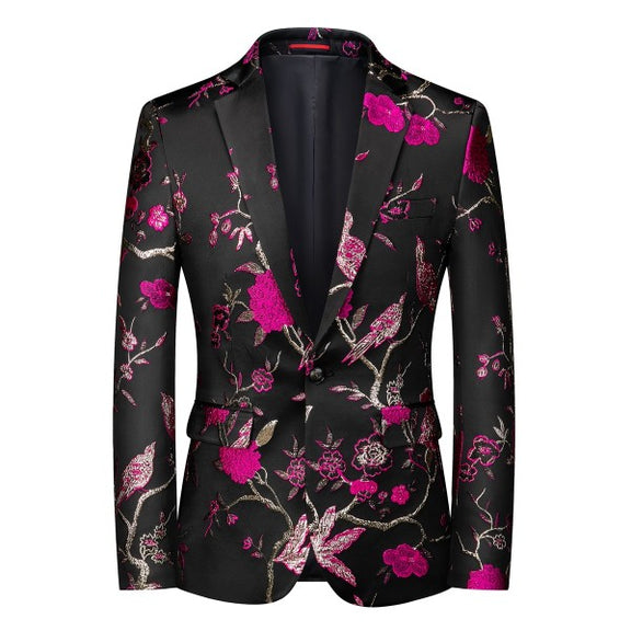 Mens One Button Notched Lapel Embroidered Blazer