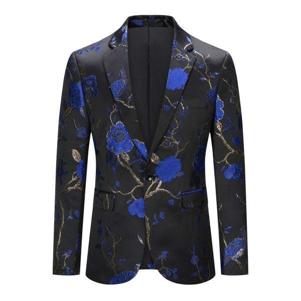 Mens One Button Notched Lapel Embroidered Blazer
