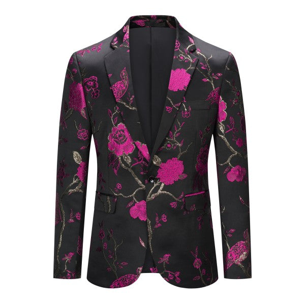 Mens One Button Notched Lapel Embroidered Blazer Rose red