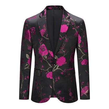 Mens One Button Notched Lapel Embroidered Blazer Rose red