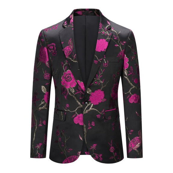 Mens One Button Notched Lapel Embroidered Blazer Rose red