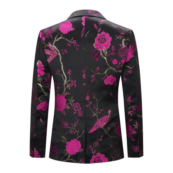 Mens One Button Notched Lapel Embroidered Blazer