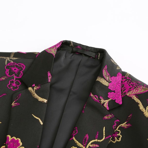 Mens One Button Notched Lapel Embroidered Blazer
