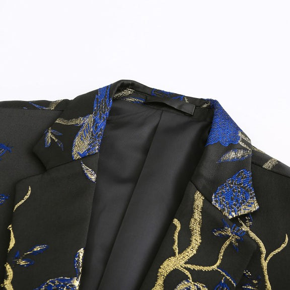 Mens One Button Notched Lapel Embroidered Blazer