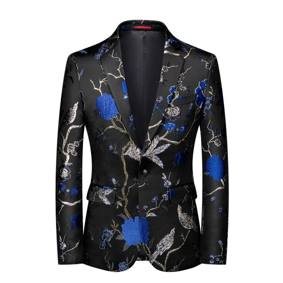 Mens One Button Notched Lapel Embroidered Blazer