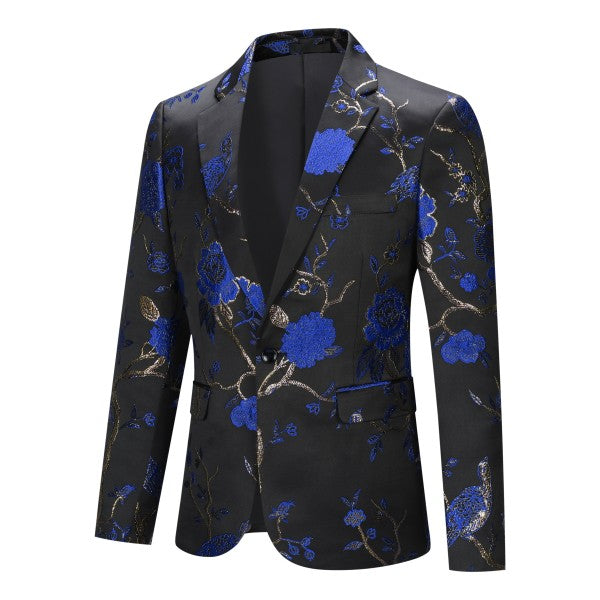 Mens One Button Notched Lapel Embroidered Blazer