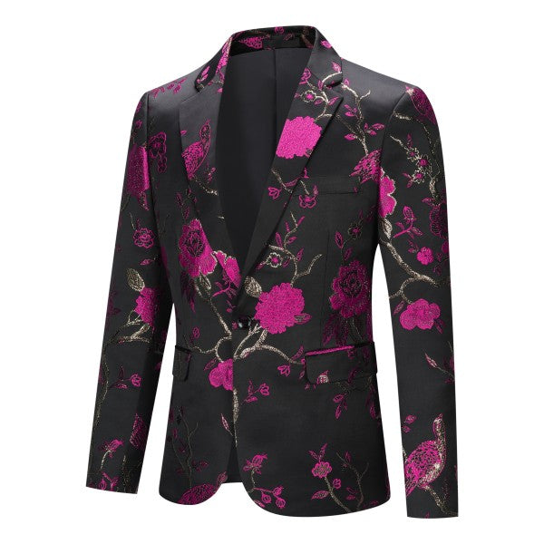 Mens One Button Notched Lapel Embroidered Blazer