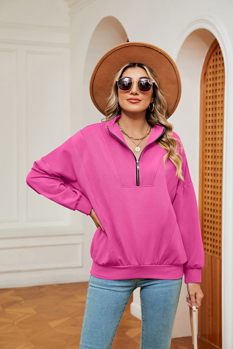 Half-Zip Dropped Shoulder Sweatshirt Hot Pink