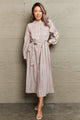 Printed Tie Waist Long Sleeve Dress Beige