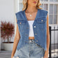 Pocketed Button Up Sleeveless Denim Jacket