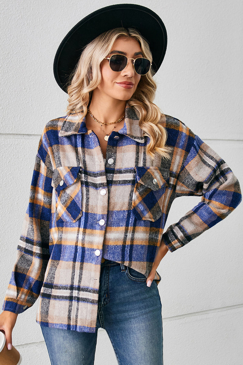 Button Down Collared Plaid Shacket Cobalt Blue